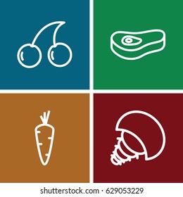 Raw icons set. set of 4 raw outline icons such as carrot, Cherry, meat