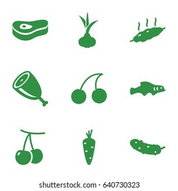 Raw icons set. set of 9 raw filled icons such as onion, carrot, cherry, cherry, cucumber, meat