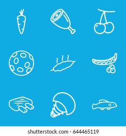 Raw icons set. set of 9 raw outline icons such as carrot, cherry, peas, meat, extinct sea creature