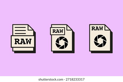 Iconos de archivo de Imagen RAW con símbolo de apertura de cámara en estilo vaporwave retro. Formato de foto sin comprimir para Fotografía profesional, cámara digital e interfaz de aplicación de editor. Ilustración vectorial