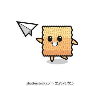 raw instant noodle cartoon character throwing paper airplane , cute style design for t shirt, sticker, logo element