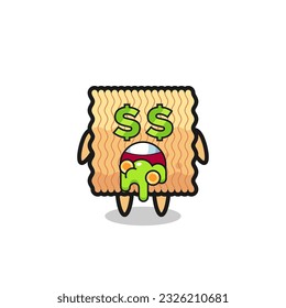 personaje de fideos instantáneos crudos con una expresión de locura sobre el dinero, diseño de estilo lindo para camisetas, pegatinas, elemento logo