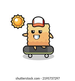 raw instant noodle character illustration ride a skateboard , cute style design for t shirt, sticker, logo element