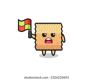 raw instant noodle character as line judge putting the flag up , cute style design for t shirt, sticker, logo element