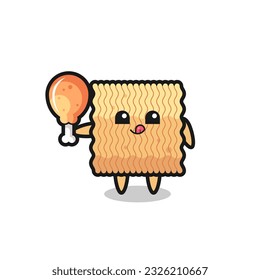 raw instant noodle cute mascot is eating a fried chicken , cute style design for t shirt, sticker, logo element