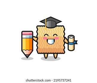 raw instant noodle illustration cartoon is graduation with a giant pencil , cute style design for t shirt, sticker, logo element