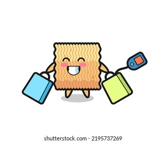 raw instant noodle mascot cartoon holding a shopping bag , cute style design for t shirt, sticker, logo element