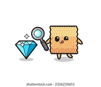 mascota de fideos instantáneos crudos está comprobando la autenticidad de un diamante , diseño de estilo lindo para camiseta, pegatina, elemento logo