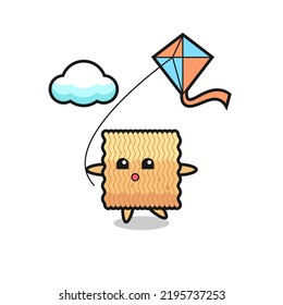 raw instant noodle mascot illustration is playing kite , cute style design for t shirt, sticker, logo element