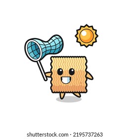 raw instant noodle mascot illustration is catching butterfly , cute style design for t shirt, sticker, logo element
