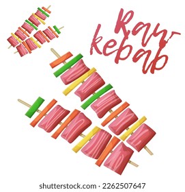 Raw kebab vector icon isolated on white background, meat and vegetable pieces on skrewers illustration. Barbecue semi-prepared meal for cooking on grill