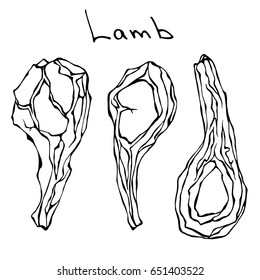 Raw Lamb Chop Rib Set. Fresh Meat Cuts. Realistic Vector Illustration Isolated Hand Drawn Doodle or Cartoon Style Sketch.