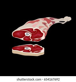 Raw lamb leg. Vector illustration on the black background