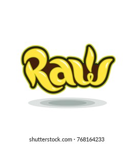 Raw lettering Label isolated. Yellow cartoon inscription for organic food.