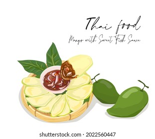 Raw mangoes sour with Sweet fish sauce "Nampla whan", Thai food on white background. Vector illustration.