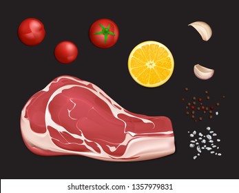 Raw marbled meat fillet, portion to cook steak or grill with spices and vegetables 3d realistic vector isolated on black background. Beef tenderloin for barbeque with tomatoes, garlic and lemon