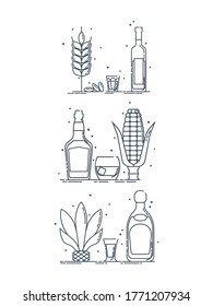 Raw material alcoholic drinks. Products for manufacture of alcoholic beverages. Isolated illustration in flat style on white background for banner design. Icon bottle glass object. Vector.