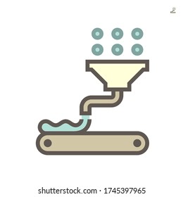 Raw material falling down into bakery baking machine in food processing vector icon design on white background, 64x64 pixel perfect and editable stroke.