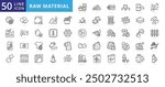 Raw material icon set with ore, wood, metal, petroleum, cotton, wool, plastic, rubber, clay, stone, glass and sand.