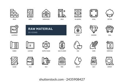 raw material resource supply chain warehouse detailed outline line icon set