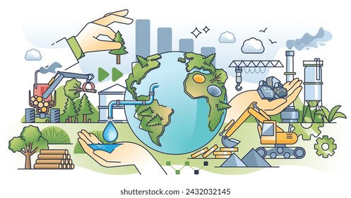 Raw material sourcing supply chain with global delivery outline concept. Mineral mining, metal and forestation industry to supply manufacturing with precious nature supplies vector illustration.