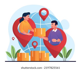 Raw material supply. Man passes box to woman. Globalization, trading and transnational companies. Trade, logistics and transportation. Poster or baner for website. Cartoon flat vector illustration