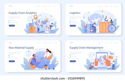 Raw material supply web banner or landing page set. Suppliers, B2B idea, global distribution service. Manufacturing process, factory production. Business partnership. Flat vector illustration