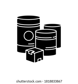 Raw Materials Black Glyph Icon. Natural Resources, Industrial Manufacturing Silhouette Symbol On White Space. Fuel And Minerals Storage Containers. Box And Barrels Vector Isolated Illustration