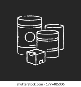 Raw materials chalk white icon on black background. Natural resources, industrial manufacturing. Fuel and minerals storage containers. Box and barrels isolated vector chalkboard illustration