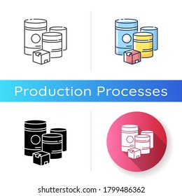 Raw materials icon. Linear black and RGB color styles. Natural resources, industrial manufacturing. Fuel and minerals storage containers. Box and barrels isolated vector illustrations