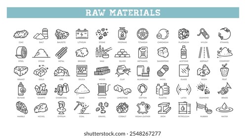 Conjunto de ícones de matérias-primas. Ícones de contorno de recurso mineral crítico