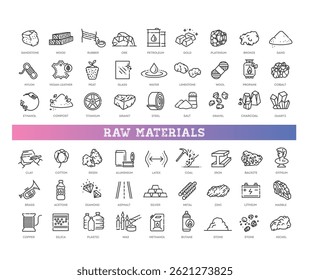 Conjunto de ícones de matérias-primas. Ícones de contorno de recurso mineral crítico
