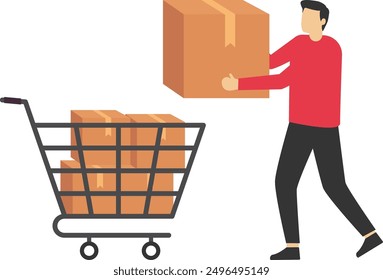 raw materials inventory shopping, Inventory Management With Goods Demand And Stock Supply Planning, Businessman put raw materials in shopping cart as supplies for production needs concept illustration