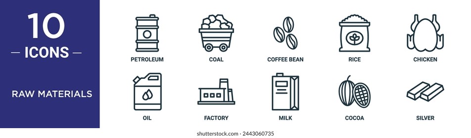 Rohstoffe Outline Icon Set umfasst dünne Linie Erdöl, Kohle, Kaffeebohnen, Reis, Huhn, Öl, Fabrik Icons für Bericht, Präsentation, Diagramm, Web-Design