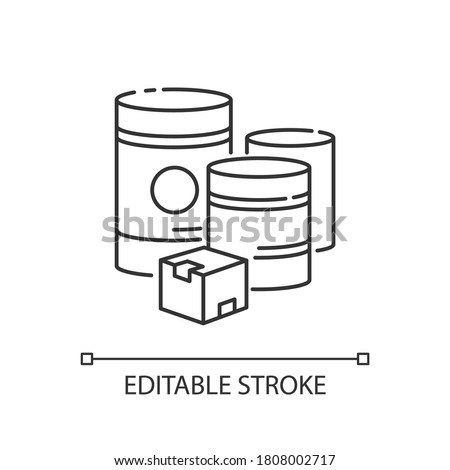 Raw materials pixel perfect linear icon. Natural resources, manufacturing thin line customizable illustration. Contour symbol. Box and barrels vector isolated outline drawing. Editable stroke