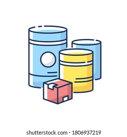 Raw materials RGB color icon. Natural resources, industrial manufacturing. Fuel and minerals storage containers. Box and barrels isolated vector illustration