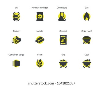 Raw materials. A set of twelve icons for use in small sizes