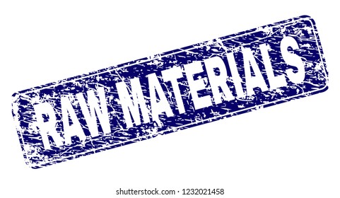 RAW MATERIALS stamp seal print with distress style. Seal shape is a rounded rectangle with frame. Blue vector rubber print of RAW MATERIALS title with grunge style.