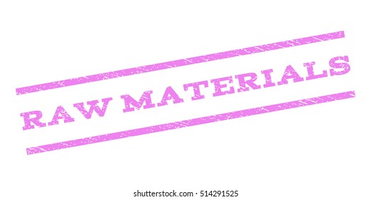 Raw Materials watermark stamp. Text tag between parallel lines with grunge design style. Rubber seal stamp with scratched texture. Vector violet color ink imprint on a white background.