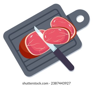 Carne cruda harina de jamón de buey cortada a bordo. Ilustración de diseño gráfico plano vectorial
