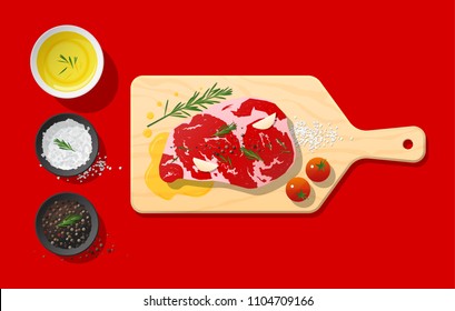 Raw meat , beef steak and seasoning on cutting board , food preparation on red background , vector , illustration