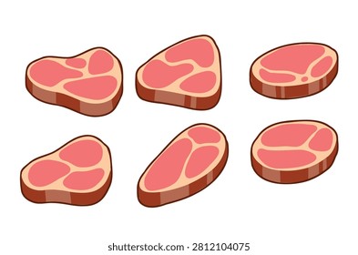 Raw meat cuts with bone and fat. Fresh beef and pork slices. Cartoon butcher icons.