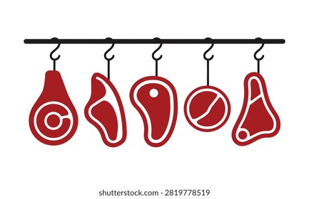 Raw meat cuts hanging on butcher hooks set with butchery, slaughterhouse