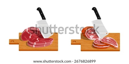 Raw meat cuts on a chopping board with a cleaver. Butcher shop and cooking concept. Food preparation for recipe book.