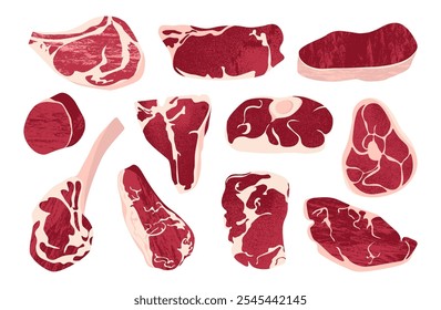 Raw meat elements. Cartoon fresh beef products, sliced steak ribs sirloin leg drumstick, barbecue ingredients. Vector isolated set.