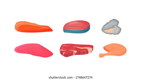 Raw Meat And Fish Cartoon Vector Illustrations Set. Poultry And Seafood. Beef, Chicken Flat Color Objects. Source Of Animal Protein And Fats Isolated On White Background