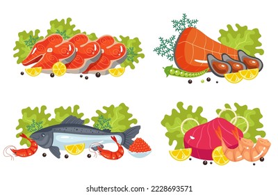 Raw meat fish salmon shrimp shellfish tuna seafood concept set. Vector graphic design illustration element