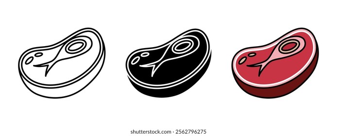 Raw meat icon. Beef steak vector illustration. Red beefsteak with bone symbol. Pork tenderloin sign. BBQ grill piece of meat pictogram. Butcher logo. Rare ham sirloin cartoon colorful concept.