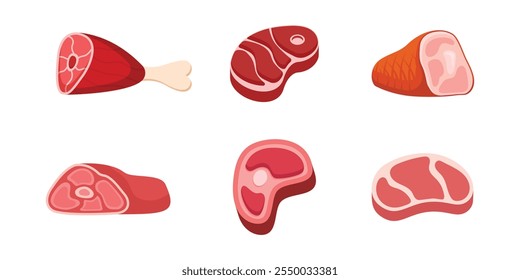 Coleção de conjuntos de ícones de carne crua em estilo plano. Ilustração de vetor de borrego ou de carne bovina em fundo isolado. Farinha de proteína frita sinal conceito de negócio.