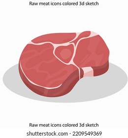 Raw meat icons colored 3d sketch